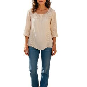 Y2K Jolt Embroidered Ivory Lace Insets Babydoll Guaze Sheet Top 3/4 Sleeves L